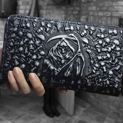 Handmade Leather Mens Tooled Skull Death Cool Zipper Phone Travel Long Wallet Card Holder Card Slim Clutch Wallets for Men - imessengerbags