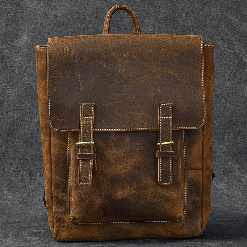 Brown Leather Mens 14" Laptop Backpack Hiking Backpack Travel Backpack College Bag for Men - imessengerbags