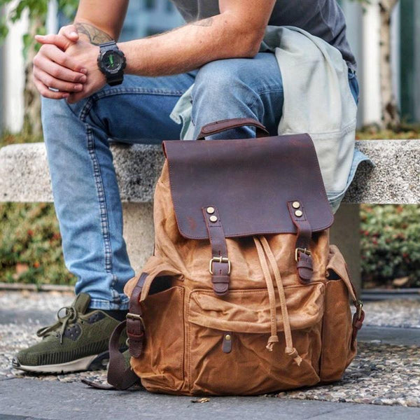 Cool Canvas Leather Mens 15'' Black Computer Backpack Green Hiking Backpack Travel Backpack for Men - imessengerbags