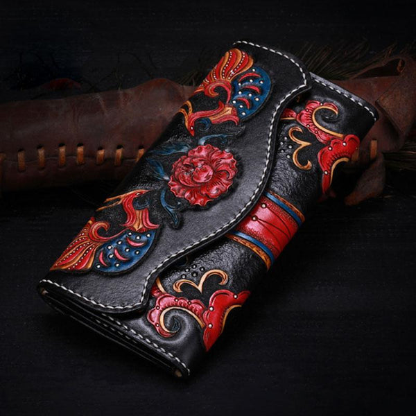 Handmade Leather Mens Womens Tooled Phoenix Clutch Wallet Cool Wallet Long Wallets for Men Women - imessengerbags