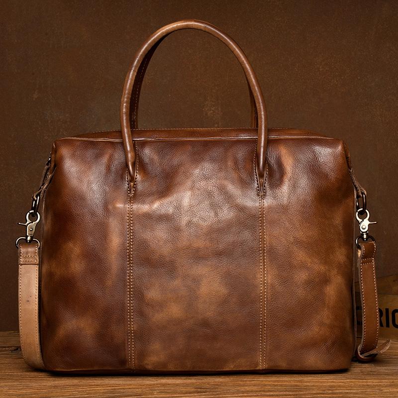 Brown Leather Mens 15 inches Briefcase Laptop Bag Business Handbag Work Bag for Men