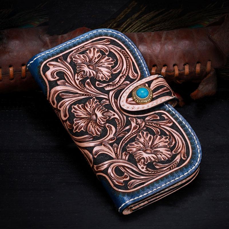 Handmade Leather Tooled Floral Mens Clutch Wallet Cool Wallet Long Wallets for Men Women - imessengerbags