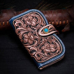 Handmade Leather Tooled Floral Mens Clutch Wallet Cool Wallet Long Wallets for Men Women - imessengerbags