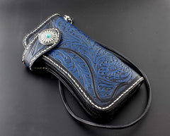 Tooled Handmade Blue Leather Men's Chain Wallet Motorcycle Wallet Long Wallet with Chain For Men - imessengerbags