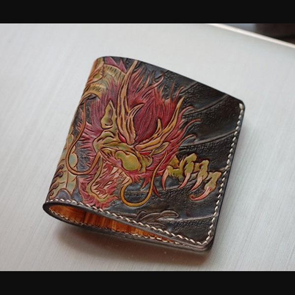Handmade Leather Chinese Dragon Tooled Mens billfold Wallet Cool Slim Wallet Biker Wallet for Men