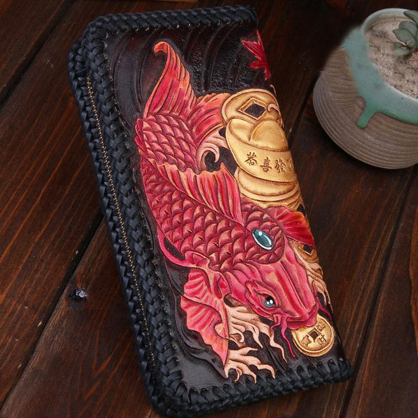 Handmade Leather Mens Clutch Wallet Tooled Cool Carp Wallet Long Zipper Wallets for Men - imessengerbags