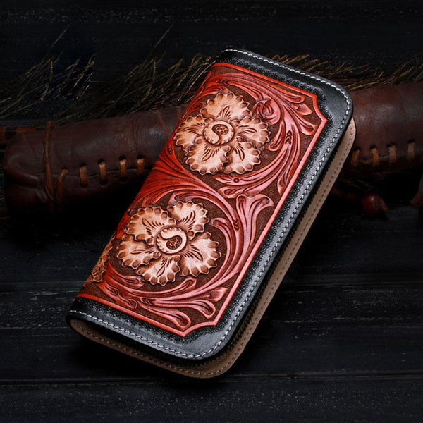 Handmade Leather Mens Clutch Wallet Cool Floral Tooled Wallet Long Zipper Wallets for Men - imessengerbags