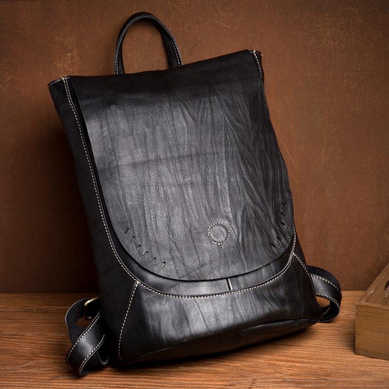 Fashion Mens Black Leather 14-inch Satchel Computer Backpacks Cool Travel Backpacks School Backpack for men - imessengerbags