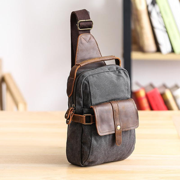 Canvas Leather Mens Khaki Chest Bag One Shoulder Backpack Green Sling Bag for Men - imessengerbags