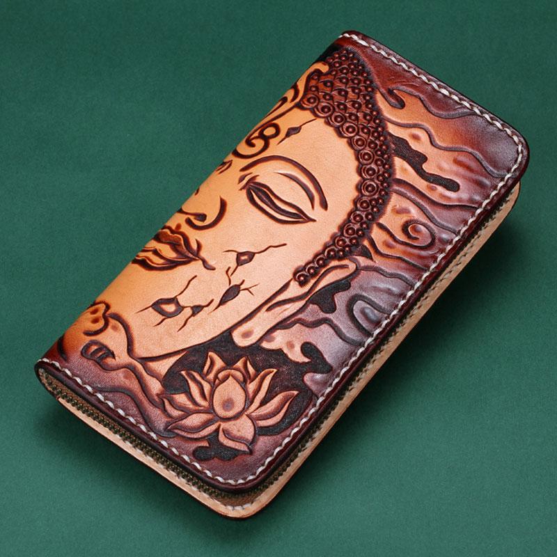 Handmade Leather Mens Clutch Wallet Cool Buddha&Demon Tooled Wallet Long Zipper Wallets for Men - imessengerbags
