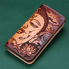 Handmade Leather Mens Clutch Wallet Cool Buddha&Demon Tooled Wallet Long Zipper Wallets for Men - imessengerbags