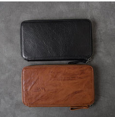 Black Leather Mens Long Wallet Zipper Brown Clutch Phone Wallet For Men - imessengerbags