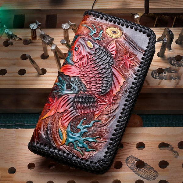 Handmade Leather Mens Clutch Wallet Cool Carp Tooled Wallet Long Zipper Wallets for Men - imessengerbags