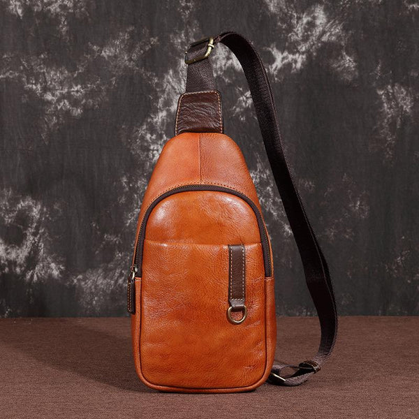 Brown Cool LEATHER MENS 8 inches Sling Bag One Shoulder Backpack Dark Brown Chest Bag For Men