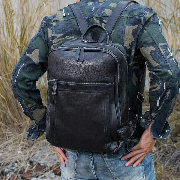 Black Fashion Mens Leather 15-inch Large Business Computer Backpacks Travel Backpacks Black College Backpack for men - imessengerbags
