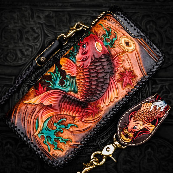 Handmade Leather Tooled Carp Mens Chain Biker Wallet Cool Leather Wallet Long Phone Wallets for Men - imessengerbags