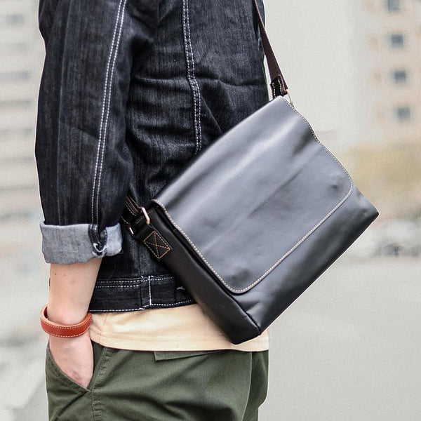 Cool Black Leather Mens 10 inches Courier Bags Coffee Brown Messenger Bags Postman Bag For Men - imessengerbags