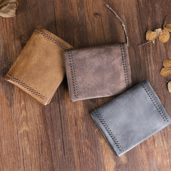 Handmade Leather Mens Vertical Gray billfold Wallet Men Brown Small Bifold Wallets for Men