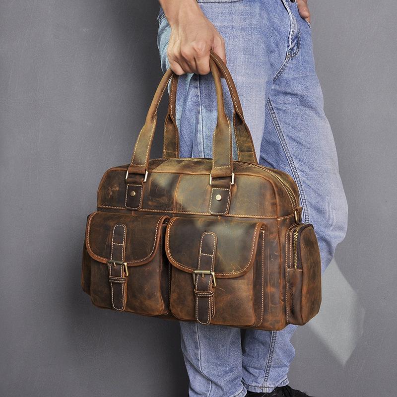 Brown Leather Travel Bag Men's 14 inches Overnight Bag Large Luggage Weekender Bag For Men - imessengerbags