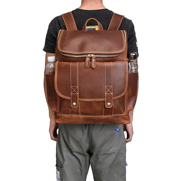 Cool Brown Mens Leather 15 inches Large School Computer Backpack Dark Brown Laptop Travel Backpack for Men