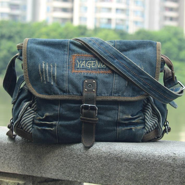 Blue Denim Mens Fashion Messenger Bags Large Jean Blue Postman Bags Courier Bag For Men - imessengerbags