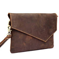 Dark Brown Vintage Leather Wristlet Bag Mens Tablet Bag Handy File Bag Clutch Bag For Men - imessengerbags