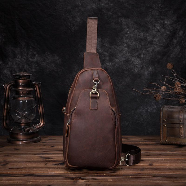 Badass Brown Leather Men's Sling Bag Chest Bag Vintage One shoulder Backpack For Men - imessengerbags