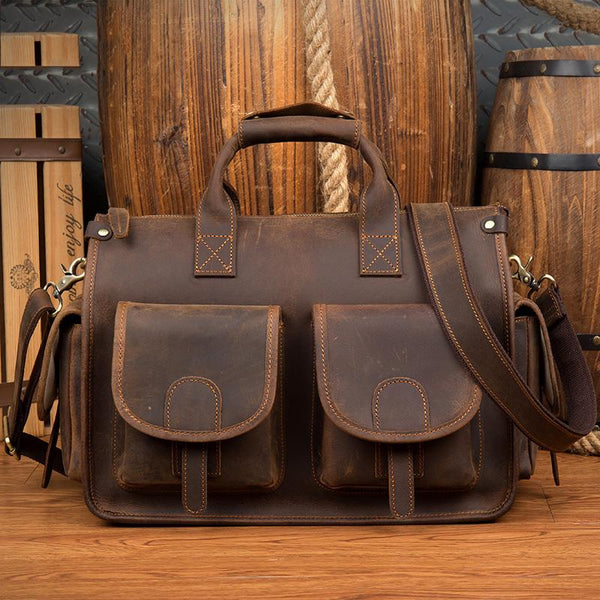 Vintage Mens Leather 14 inches Briefcase Side Bag Work Bags Travel Luggage Bag for Men