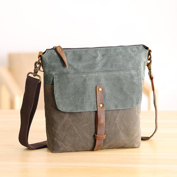 Wax Canvas Leather Mens Small Waterproof Vertical Green Side Bag Courier Bag Messenger Bag for Men