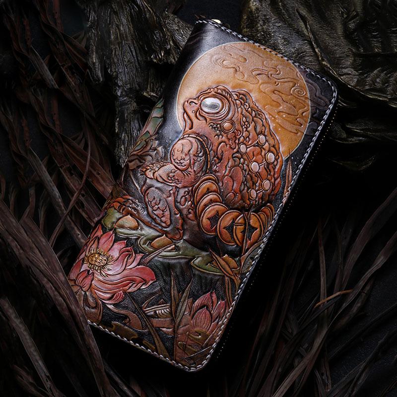 Handmade Leather Mens Clutch Wallet Cool Gold Toad Triped Crow Tooled Wallet Long Zipper Wallets for Men - imessengerbags