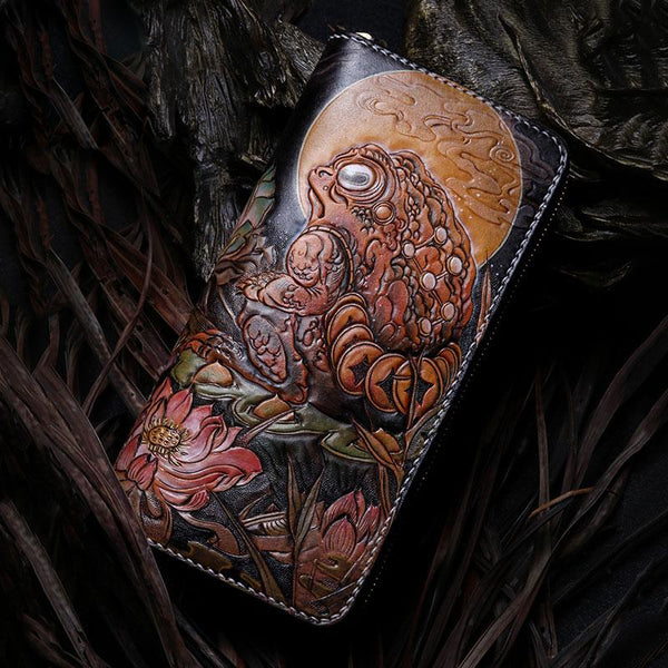 Handmade Leather Mens Clutch Wallet Cool Gold Toad Triped Crow Tooled Wallet Long Zipper Wallets for Men - imessengerbags