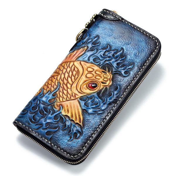 Handmade Leather Carp Mens Chain Biker Wallet Cool Leather Wallet Long Phone Wallets for Men - imessengerbags