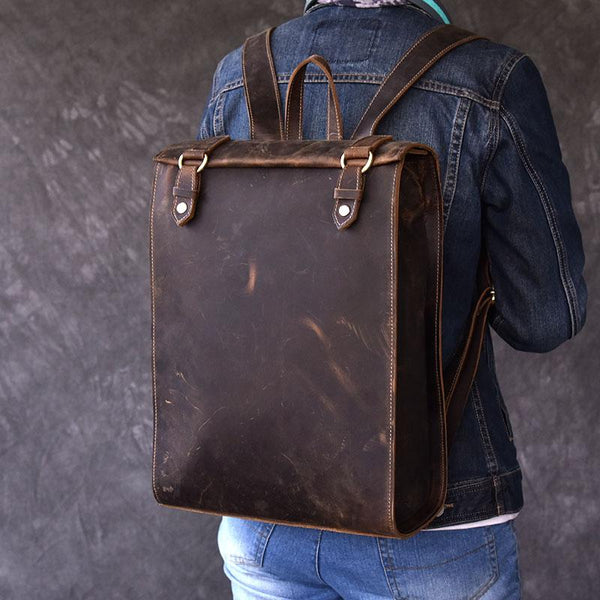 Vintage Leather Mens 14" Brown Computer Backpack Black Travel Backpack College Backpack for Men - imessengerbags
