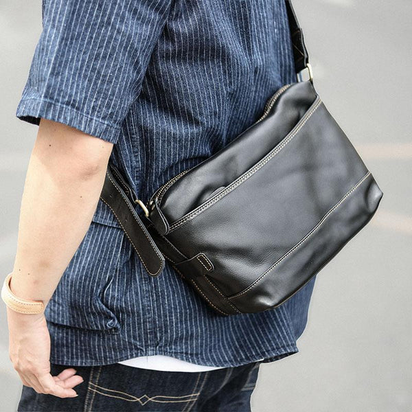 Black Leather Mens Casual 10" Courier Bags Messenger Bag Coffee Brown Postman Bag For Men - imessengerbags