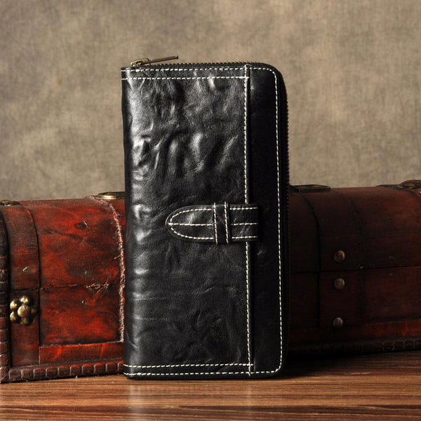 Genuine Leather Mens Cool Long Leather Wallet Cards Phone Zipper Clutch Wristlet Wallet for Men - imessengerbags