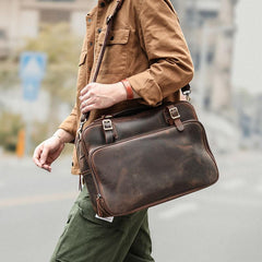 Vintage Dark Brown Mens Leather Briefcase Work Handbag Brown 15'' Computer Briefcase For Men - imessengerbags