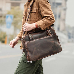 Vintage Dark Brown Mens Leather Briefcase Work Handbag Brown 15'' Computer Briefcase For Men