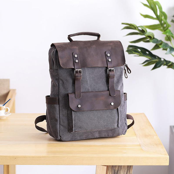 Dark Gray Waxed Canvas Mens Large 15'' Laptop Backpack College Backpack Hiking Backpack for Men - imessengerbags