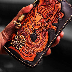 Handmade Leather Tooled Chinese Dragon Mens Chain Biker Wallet Cool Leather Wallet Zipper Long Phone Wallets for Men - imessengerbags