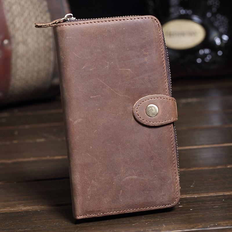 Vintage Brown Leather Men's Bifold Long Wallet Cool Zipper Long Wallet Clutch For Men - imessengerbags