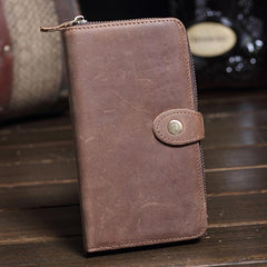 Vintage Brown Leather Men's Bifold Long Wallet Cool Zipper Long Wallet Clutch For Men - imessengerbags