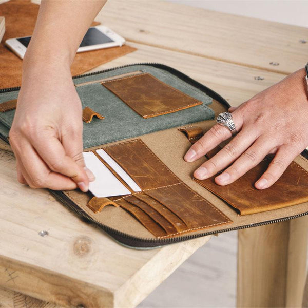 Gray Canvas Leather Mens Large Clutch Wallet Zipper Wristlet Bag Purse for Men - imessengerbags