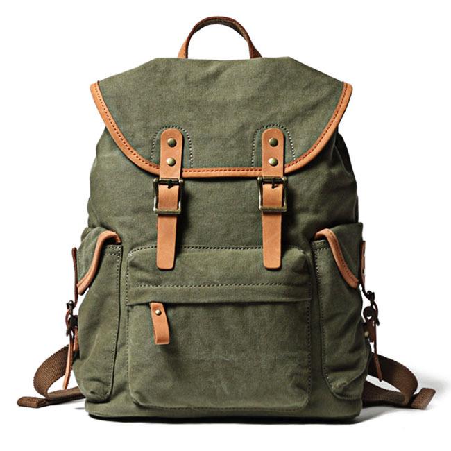 Khaki Retro Canvas Mens Womens Travel Backpack College Backpack Green Canvas School Backpack For Men - imessengerbags