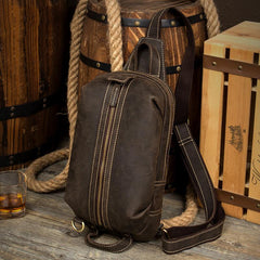 Casual Dark Brown Leather Mens One Shoulder Backpacks Sling Bags Chest Bags for Men - imessengerbags