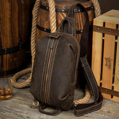 Casual Dark Brown Leather Mens One Shoulder Backpacks Sling Bags Chest Bags for Men