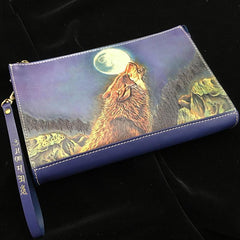 Blue Handmade Tooled Leather Wolf Clutch Wallet Wristlet Bag Clutch Purse For Men