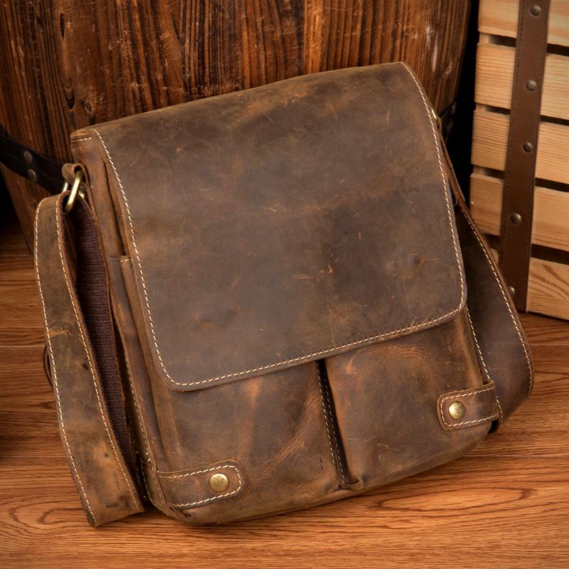 Cool Light Brown Leather 10 inches Mens Small Vertical Messenger Bags Courier Bag Postman Bag for Men - imessengerbags