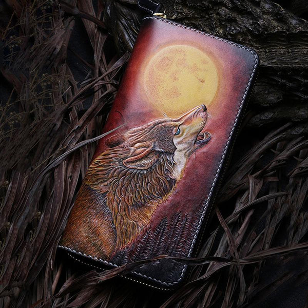 Handmade Leather Mens Clutch Wallet Cool Wolf Tooled Wallet Long Zipper Wallets for Men - imessengerbags