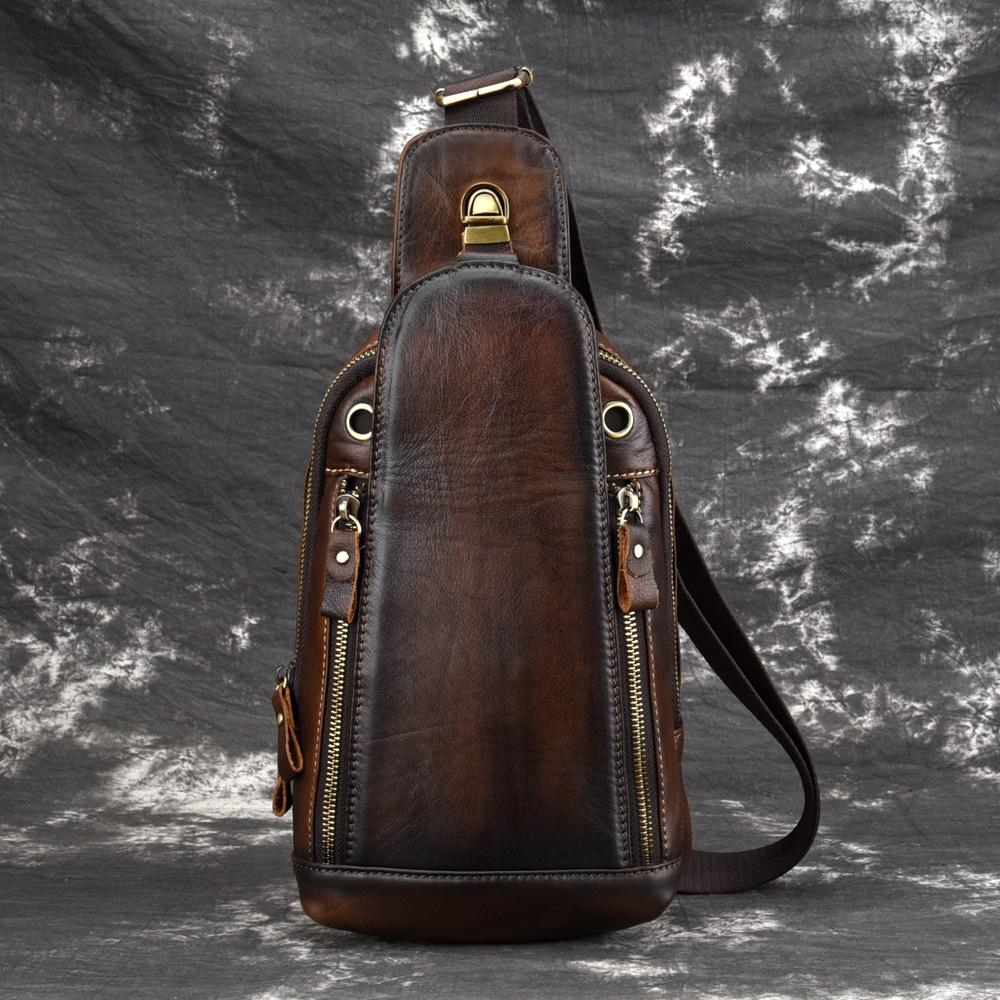 Vintage Tan Leather Men's Chest Bag One Shoulder Backpack Sling Bag For Men - imessengerbags