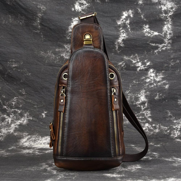 Vintage Tan Leather Men's Chest Bag One Shoulder Backpack Sling Bag For Men - imessengerbags